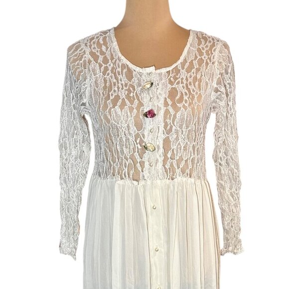 Vintage 90s Lace Midi Dress Sz.M Ivory Pleated Sheer Prairie Cottage Romantic - Picture 3 of 15